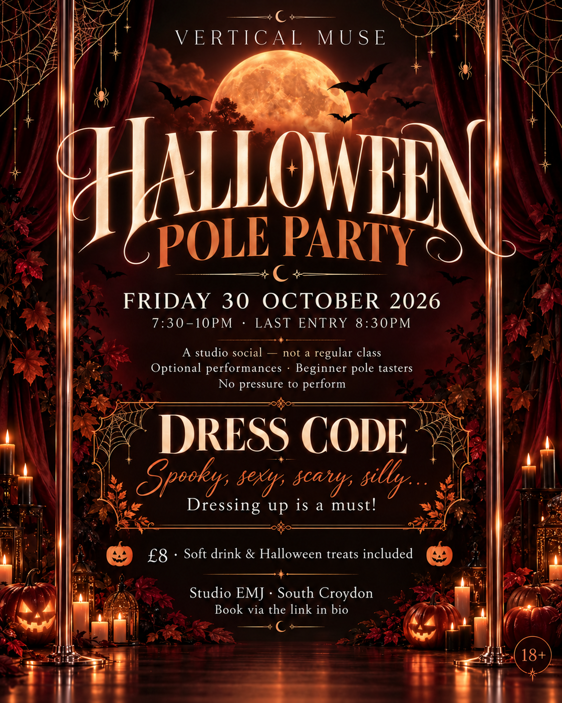 Halloween Pole Party poster with a glowing moon, bats and pumpkins